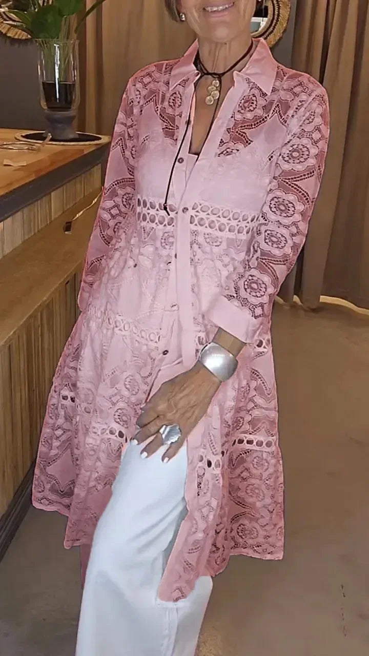 Women's Fashion Lapel Lace Long Shirt