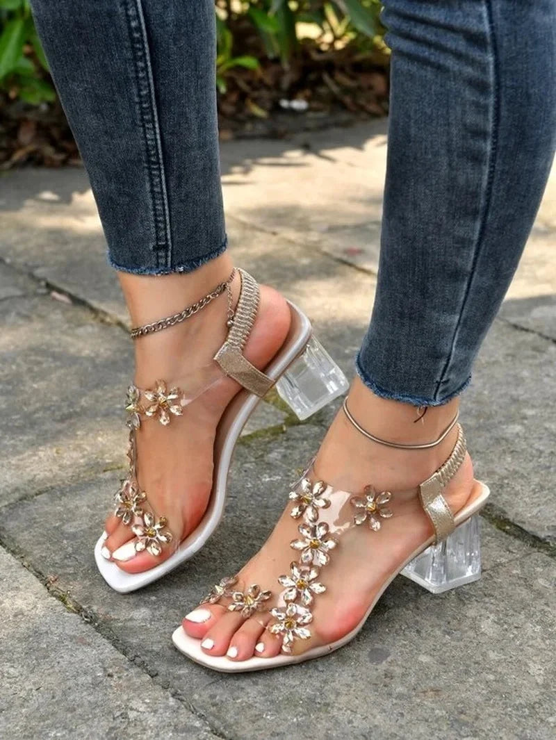 Women's Flower Rhinestone Block Heel Sandals