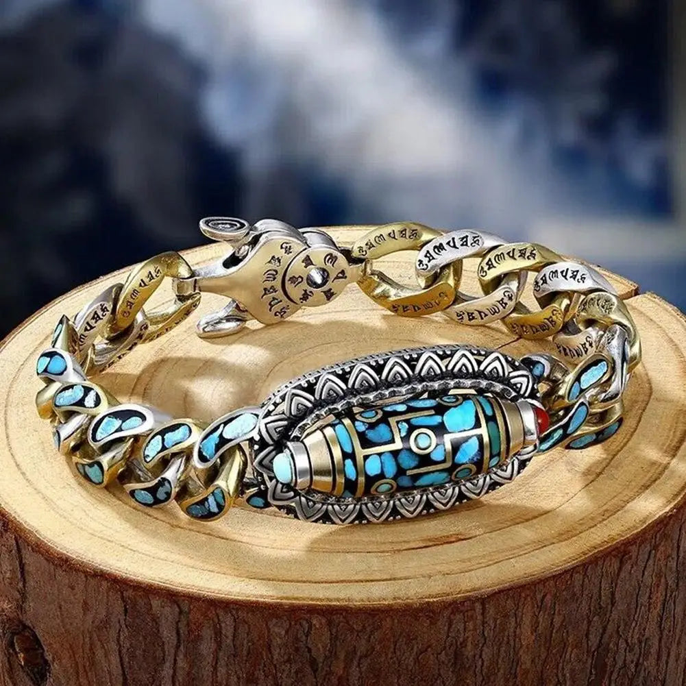Turquoise Six-character Mantra Nine-eyed Dzi Bead Bracelet
