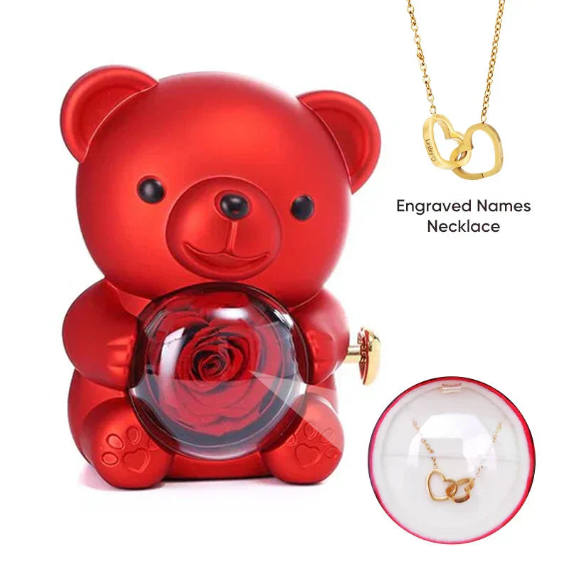 Engraved Heart Necklace with Real Rose Bear Giftbox Rose Shaped Necklace Gift Box Jewellery Gift Box