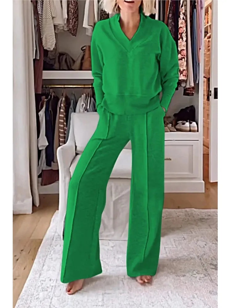 Women's Solid Color V-neck Top & Pants Two-piece Set