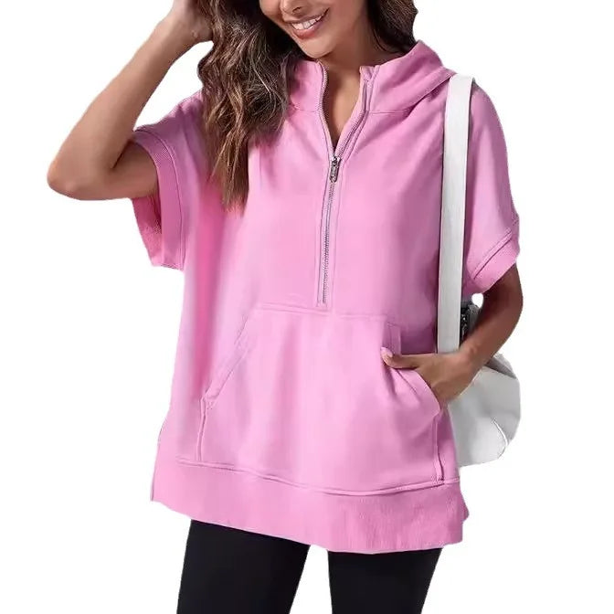 Oversized Casual Half Zip Short Sleeve Pullover Tops with Pockets