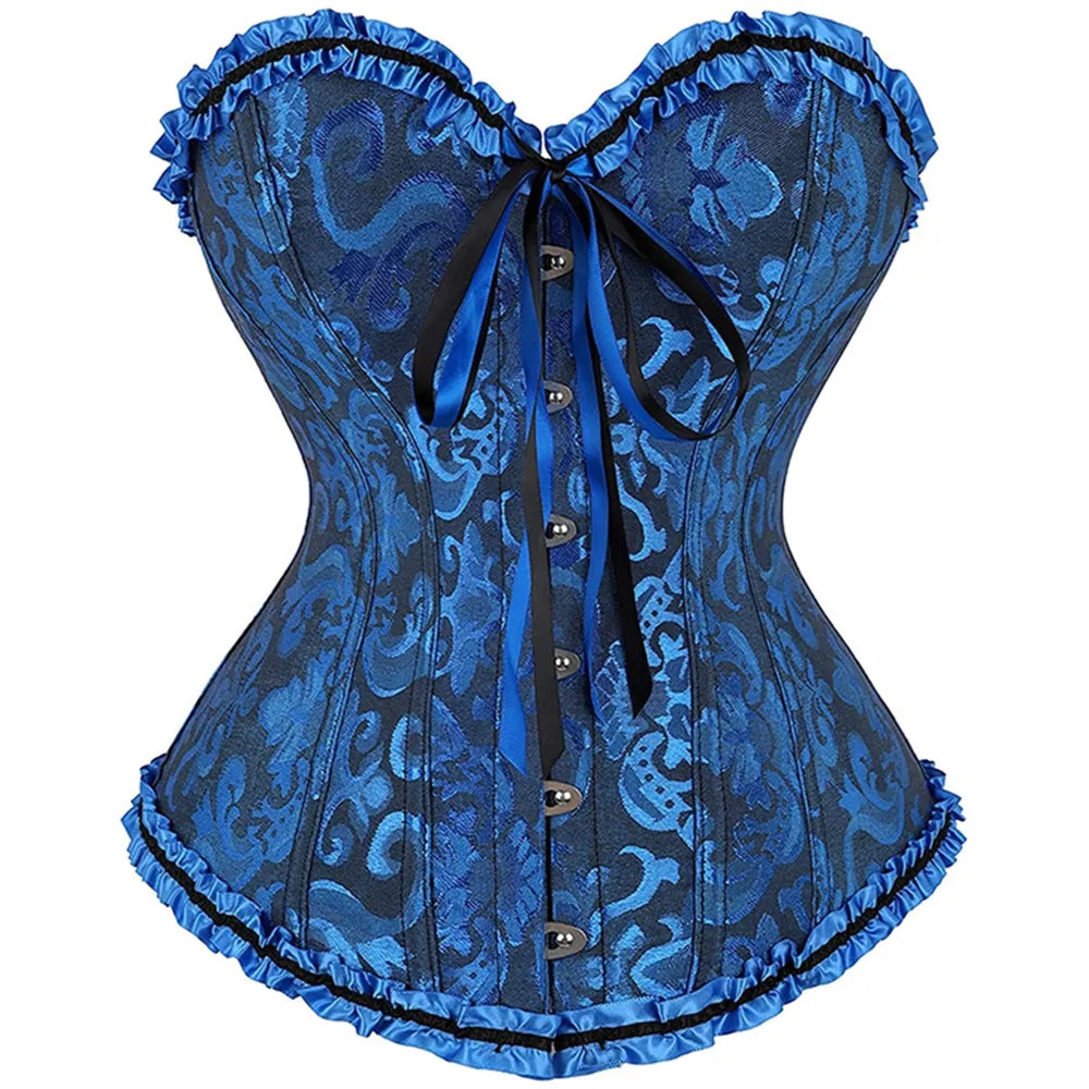 Women's Lacing Corset Top Satin Floral Boned Overbust Body Shaper Bustier