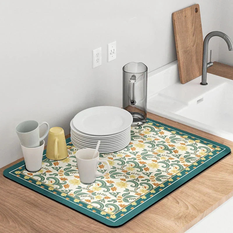 Retro Quick-Drying Water-Draining Mat for Kitchen Bar Countertops