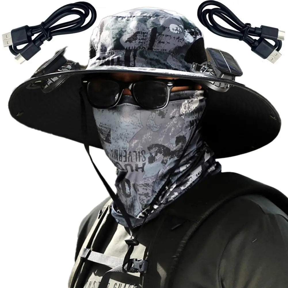 Wide Brim Solar Fan Outdoor Fishing Hat-Solar & USB Charging