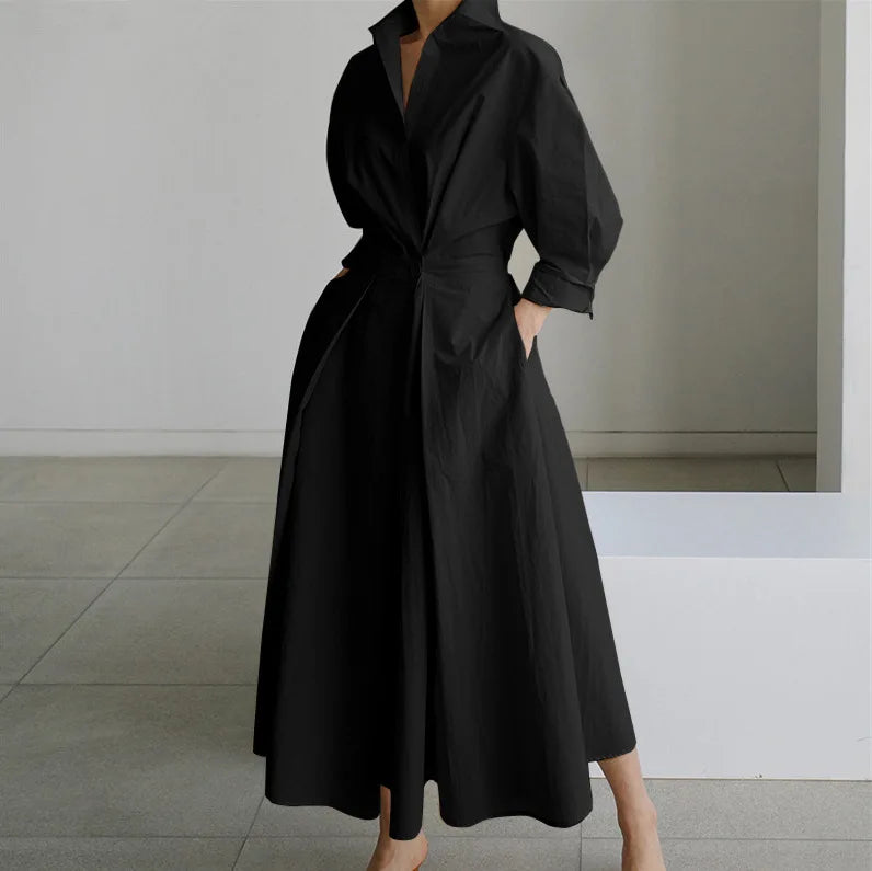 Women's Plain Lapel Shirt Wrap Dress