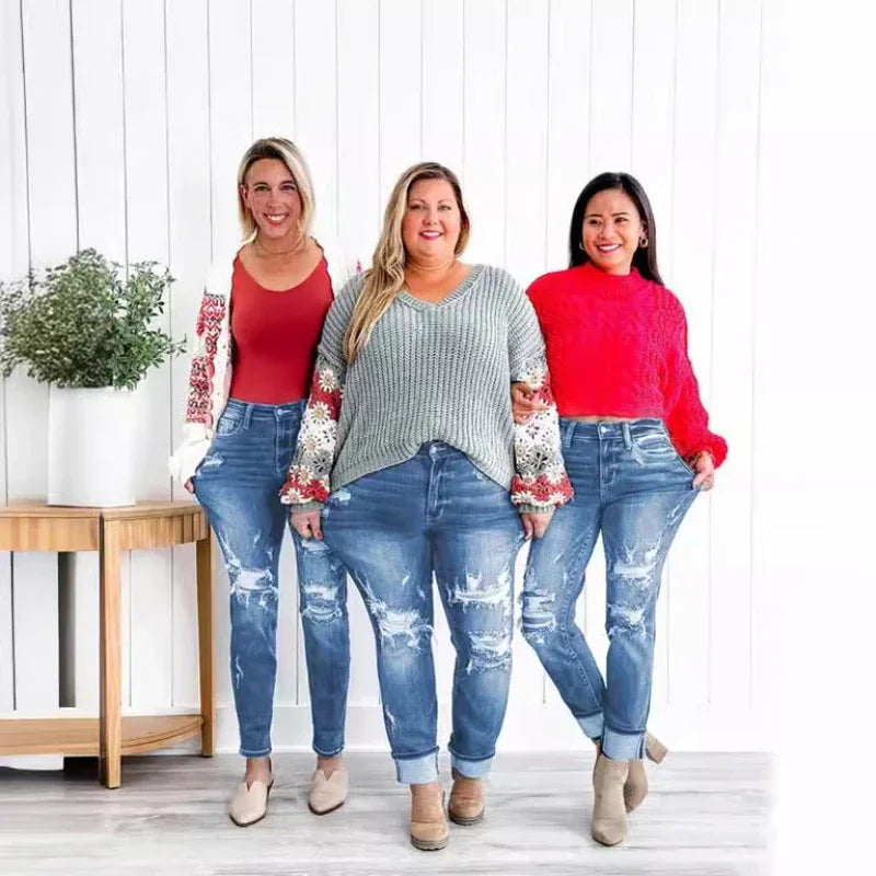 Tummy Control Distressed Cuffed Boyfriend Jeans