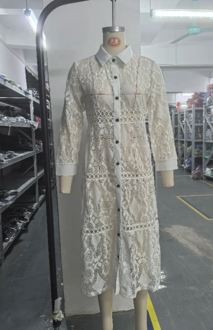 Women's Fashion Lapel Lace Long Shirt